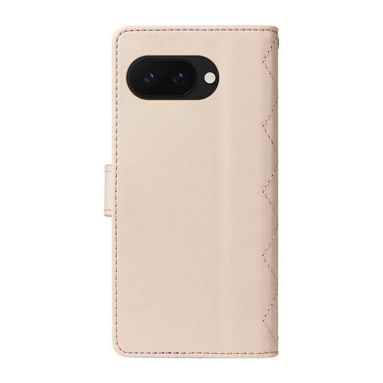 For Google Pixel 9a Wallet Case Rhombus Leather Phone Cover with Shoulder Strap, Wrist Strap - Apricot