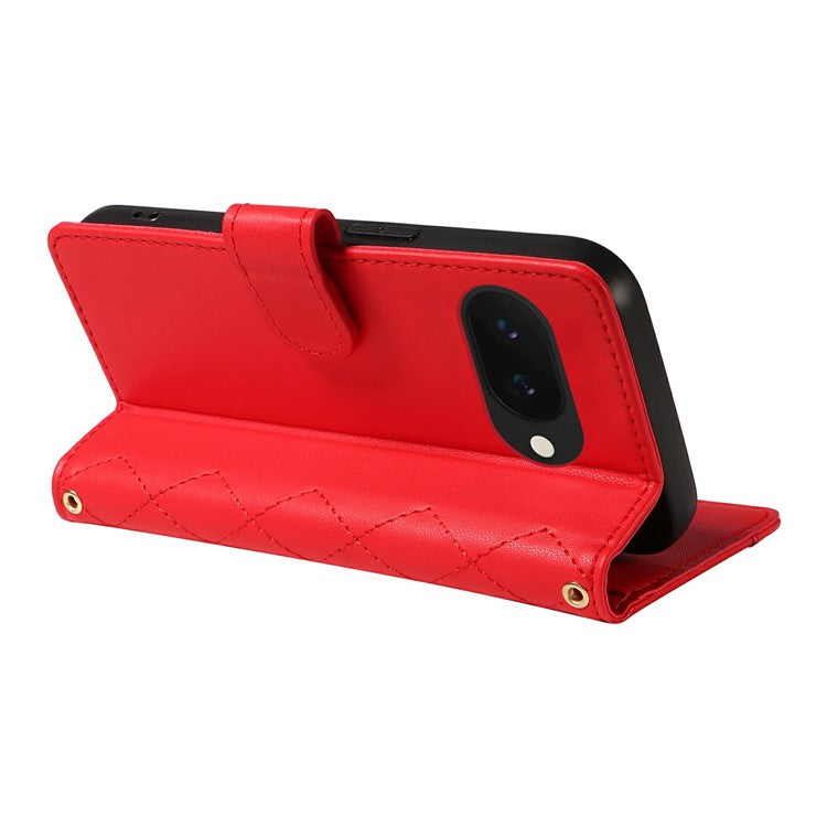 For Google Pixel 9a Wallet Case Rhombus Leather Phone Cover with Shoulder Strap, Wrist Strap - Red