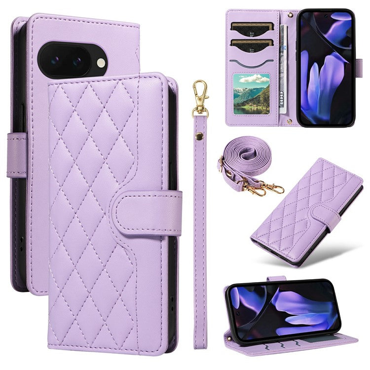 For Google Pixel 9a Wallet Case Rhombus Leather Phone Cover with Shoulder Strap, Wrist Strap - Light Purple