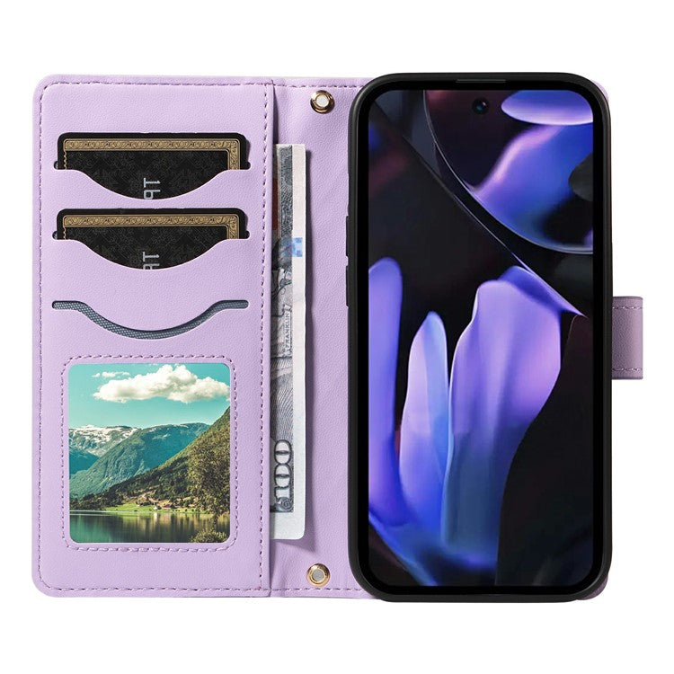 For Google Pixel 9a Wallet Case Rhombus Leather Phone Cover with Shoulder Strap, Wrist Strap - Light Purple