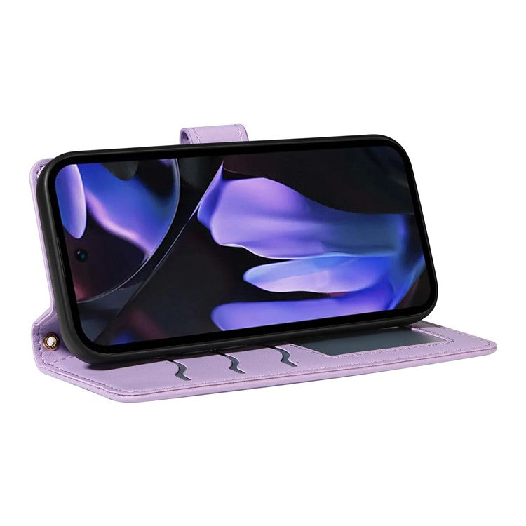 For Google Pixel 9a Wallet Case Rhombus Leather Phone Cover with Shoulder Strap, Wrist Strap - Light Purple