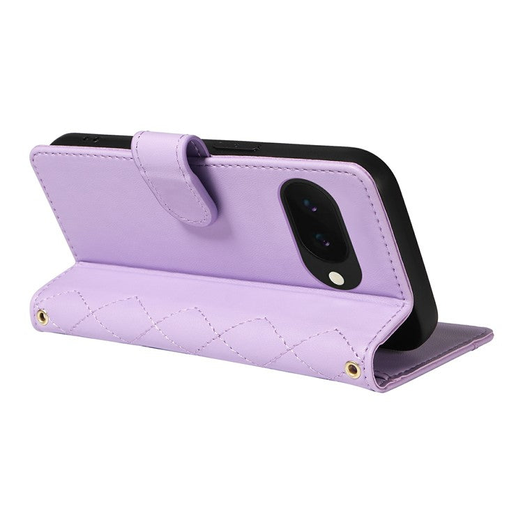For Google Pixel 9a Wallet Case Rhombus Leather Phone Cover with Shoulder Strap, Wrist Strap - Light Purple