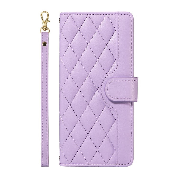 For Google Pixel 9a Wallet Case Rhombus Leather Phone Cover with Shoulder Strap, Wrist Strap - Light Purple
