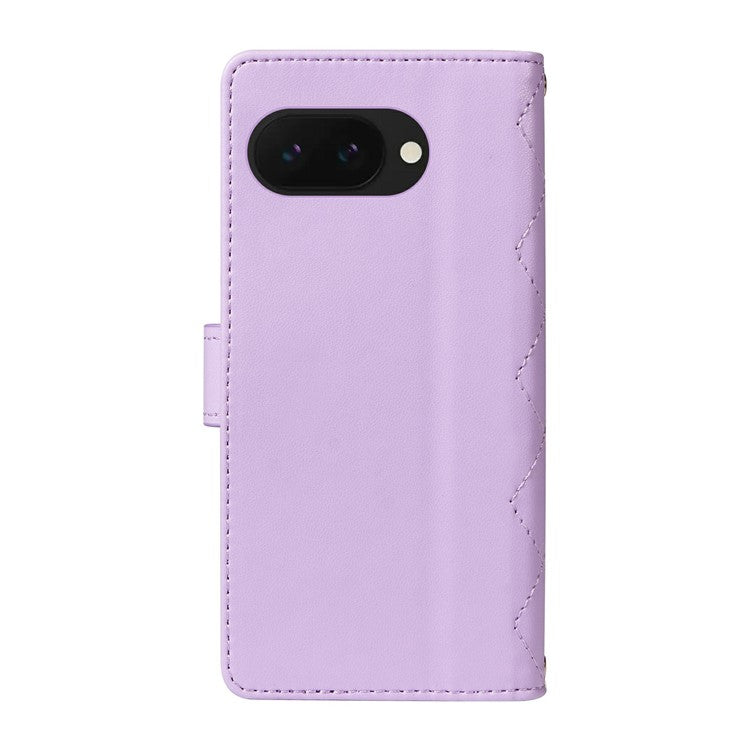 For Google Pixel 9a Wallet Case Rhombus Leather Phone Cover with Shoulder Strap, Wrist Strap - Light Purple