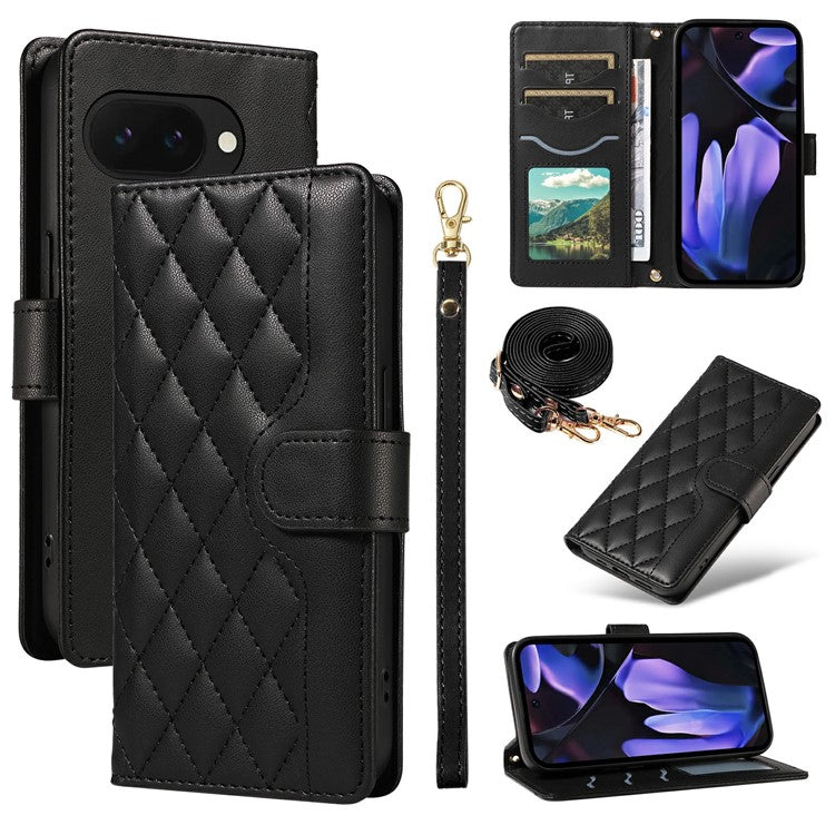 For Google Pixel 9a Wallet Case Rhombus Leather Phone Cover with Shoulder Strap, Wrist Strap - Black