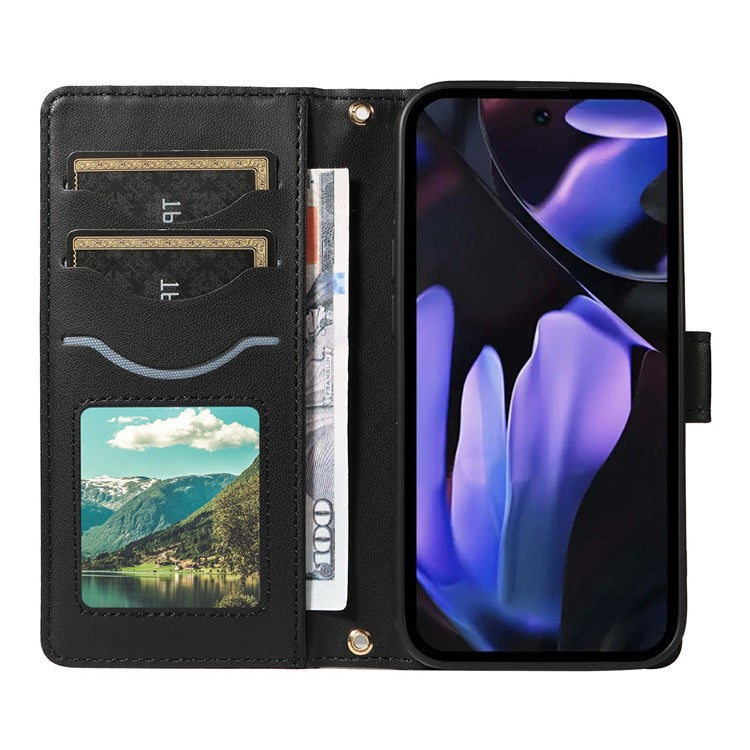 For Google Pixel 9a Wallet Case Rhombus Leather Phone Cover with Shoulder Strap, Wrist Strap - Black