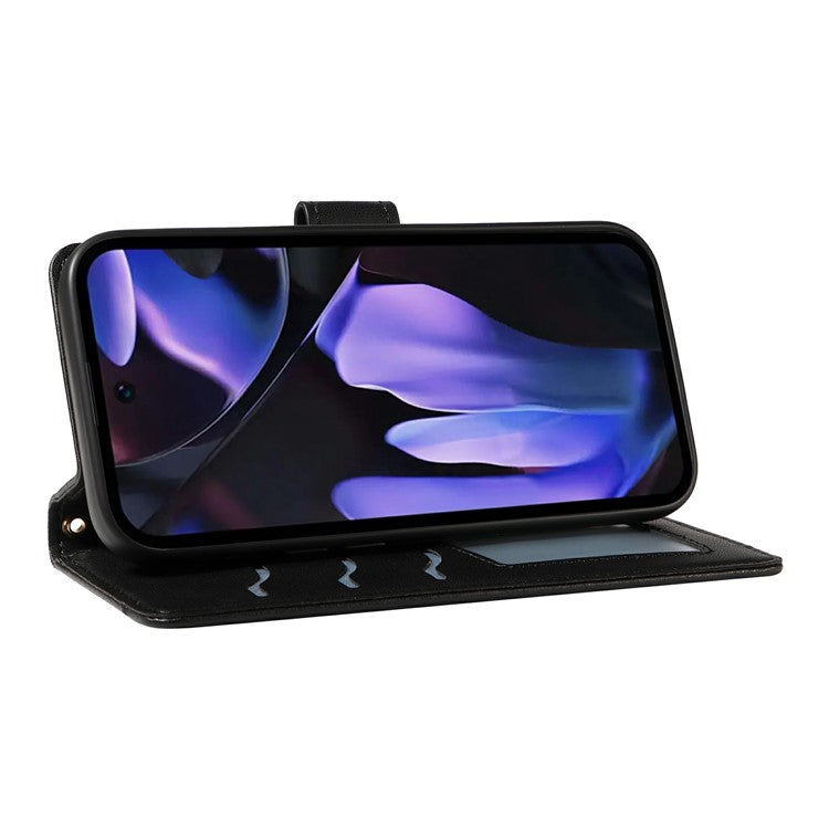 For Google Pixel 9a Wallet Case Rhombus Leather Phone Cover with Shoulder Strap, Wrist Strap - Black