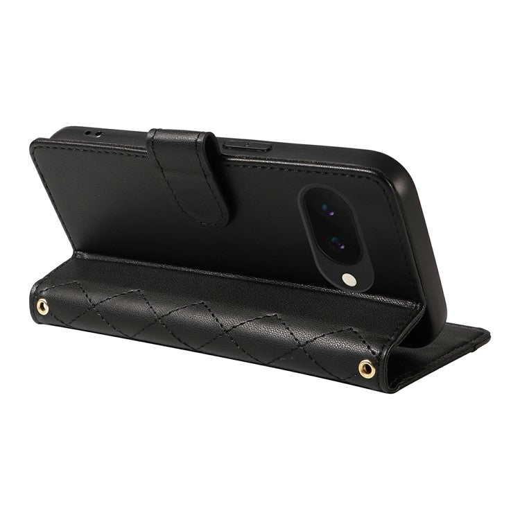 For Google Pixel 9a Wallet Case Rhombus Leather Phone Cover with Shoulder Strap, Wrist Strap - Black