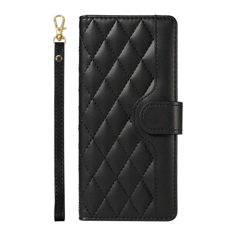For Google Pixel 9a Wallet Case Rhombus Leather Phone Cover with Shoulder Strap, Wrist Strap - Black