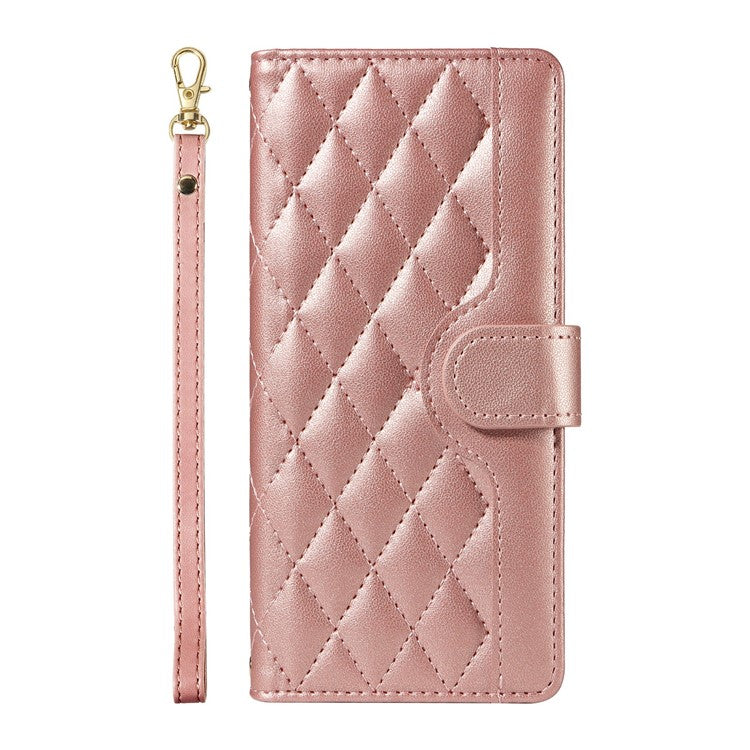 For Google Pixel 9a Wallet Case Rhombus Leather Phone Cover with Shoulder Strap, Wrist Strap - Rose Gold