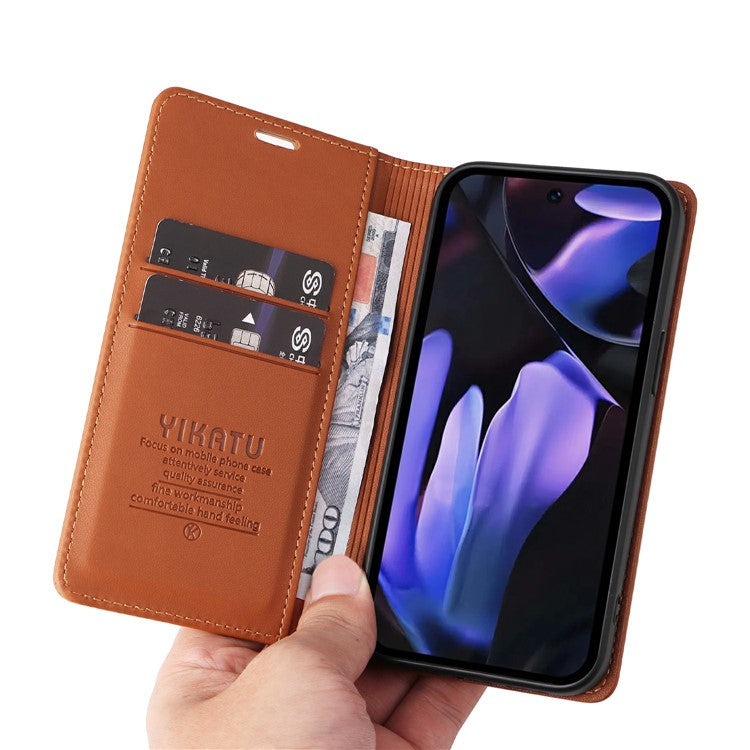 YIKATU YK-001 For Google Pixel 9a Case Stand Leather Phone Cover Strong Magnetic Closure - Brown