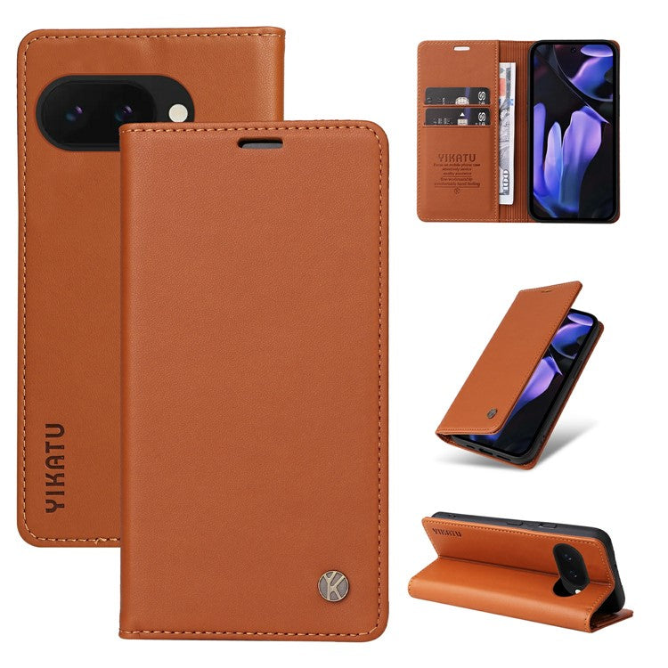 YIKATU YK-001 For Google Pixel 9a Case Stand Leather Phone Cover Strong Magnetic Closure - Brown