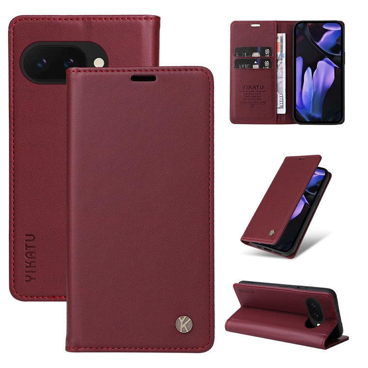 YIKATU YK-001 For Google Pixel 9a Case Stand Leather Phone Cover Strong Magnetic Closure - Wine Red