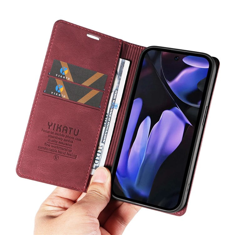 YIKATU YK-004 For Google Pixel 9a Case Leather Skin-Touch Phone Cover Magnetic Auto-Absorbed - Wine Red