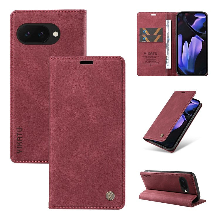 YIKATU YK-004 For Google Pixel 9a Case Leather Skin-Touch Phone Cover Magnetic Auto-Absorbed - Wine Red