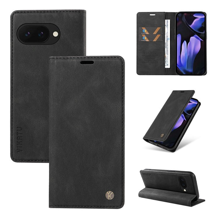 YIKATU YK-004 For Google Pixel 9a Case Leather Skin-Touch Phone Cover Magnetic Auto-Absorbed - Black