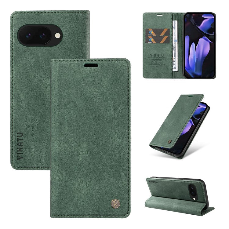 YIKATU YK-004 For Google Pixel 9a Case Leather Skin-Touch Phone Cover Magnetic Auto-Absorbed - Green