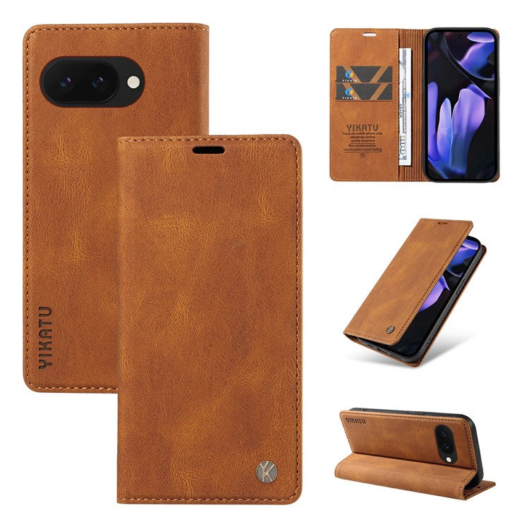 YIKATU YK-004 For Google Pixel 9a Case Leather Skin-Touch Phone Cover Magnetic Auto-Absorbed - Brown