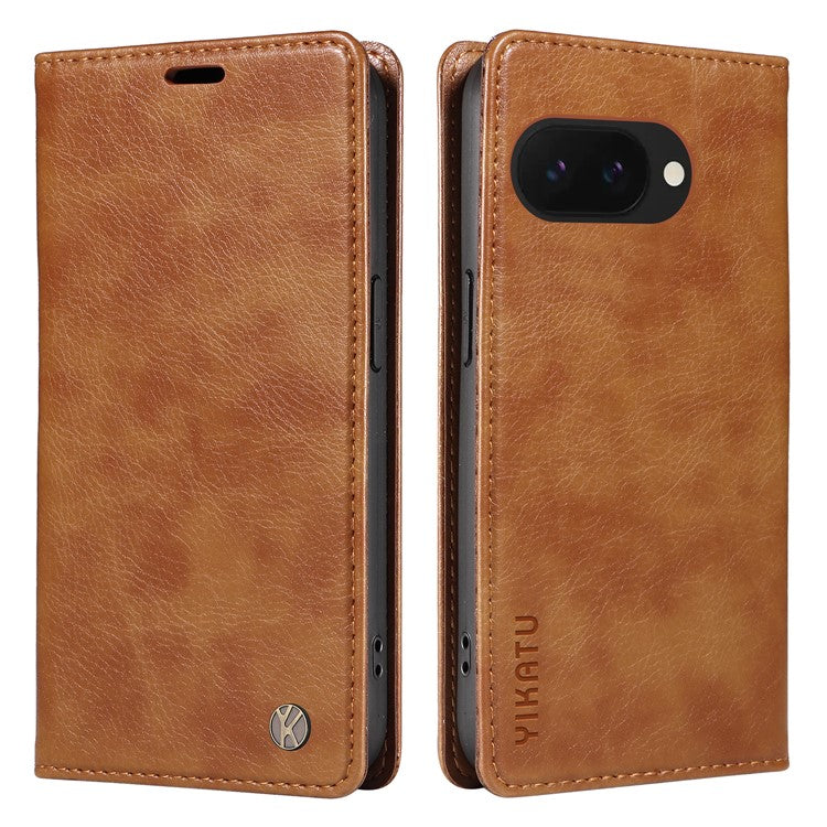 YIKATU YK-006 For Google Pixel 9a Case Magnetic Closure Leather Phone Cover Litchi Texture - Brown