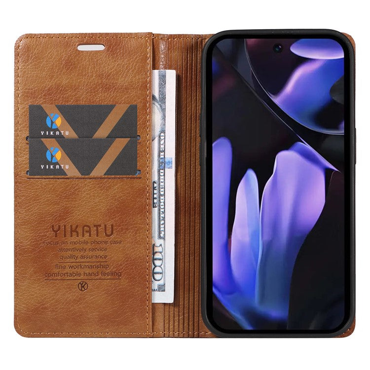 YIKATU YK-006 For Google Pixel 9a Case Magnetic Closure Leather Phone Cover Litchi Texture - Brown