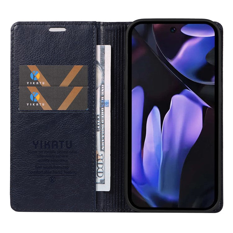 YIKATU YK-006 For Google Pixel 9a Case Magnetic Closure Leather Phone Cover Litchi Texture - Navy Blue