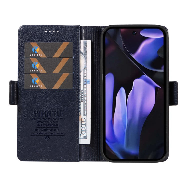 YIKATU YK-007 For Google Pixel 9a Case Side Buckle PU Leather Phone Cover Litchi Texture - Navy Blue