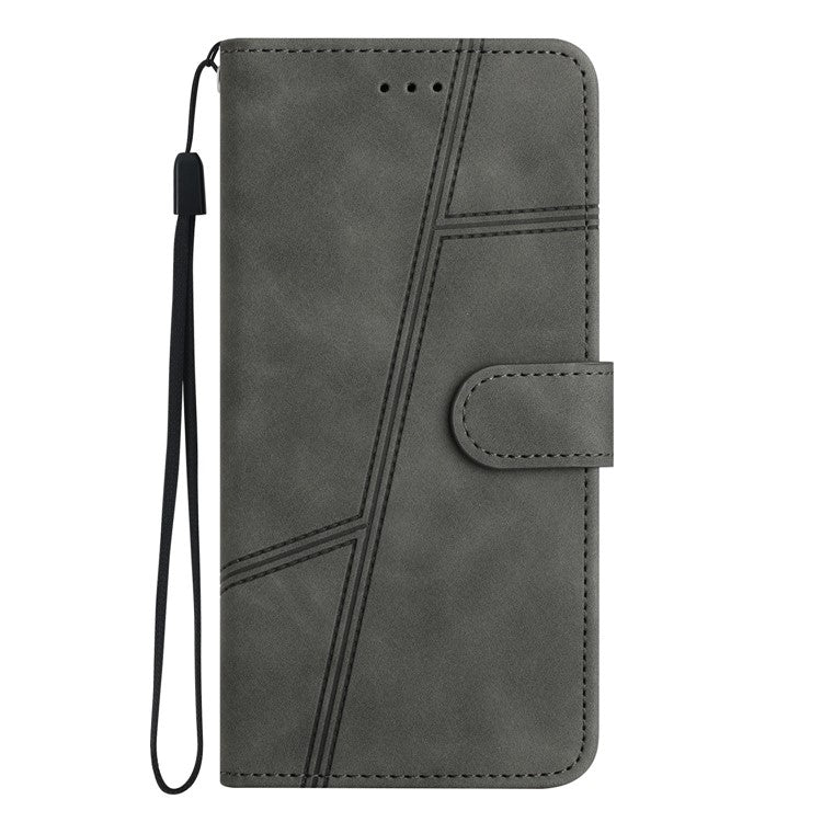 For OnePlus 13 Case Flip Leather Retro Phone Cover Lines Imprinted - Grey