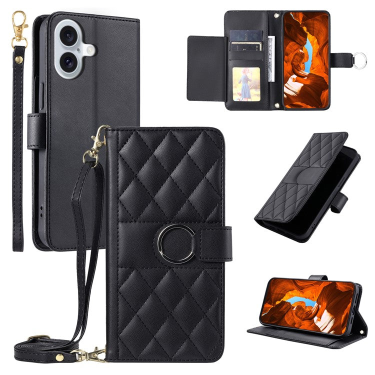 For iPhone 16 Crossbody Leather Case Ring Buckle Wallet Stand Rhombus Mobile Cover - Black
