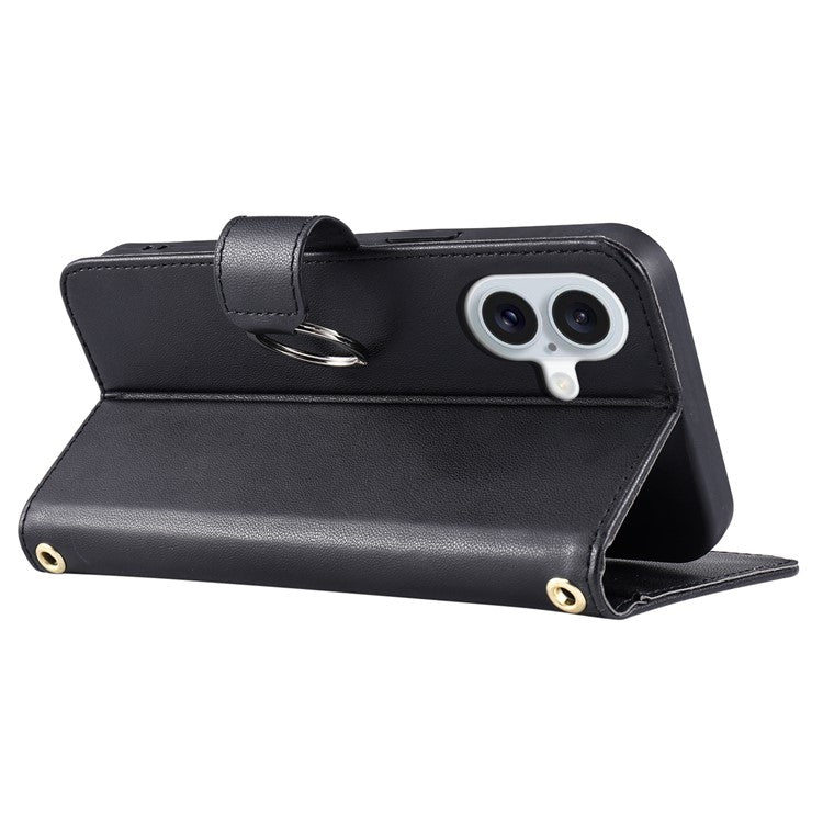 For iPhone 16 Crossbody Leather Case Ring Buckle Wallet Stand Rhombus Mobile Cover - Black