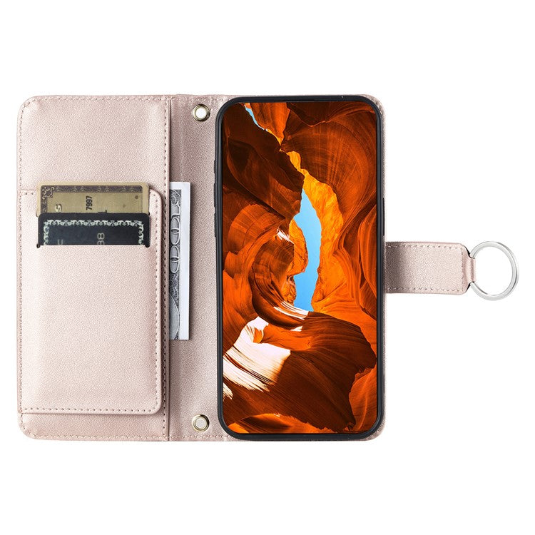 For iPhone 16 Crossbody Leather Case Ring Buckle Wallet Stand Rhombus Mobile Cover - Rose Gold