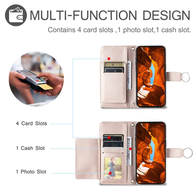 For iPhone 16 Crossbody Leather Case Ring Buckle Wallet Stand Rhombus Mobile Cover - Rose Gold