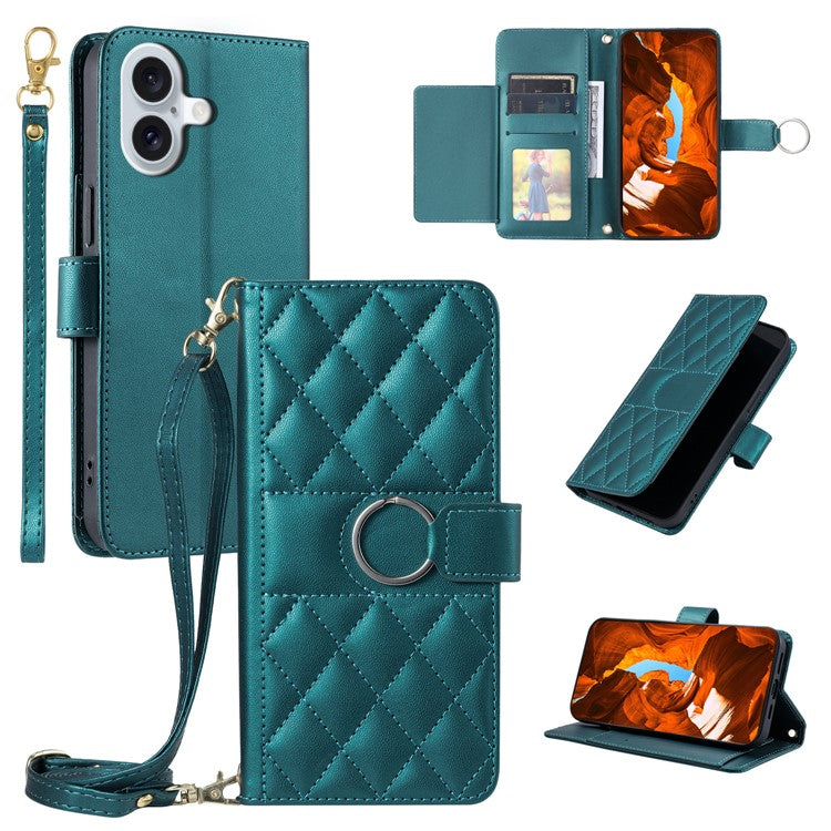 For iPhone 16 Crossbody Leather Case Ring Buckle Wallet Stand Rhombus Mobile Cover - Green