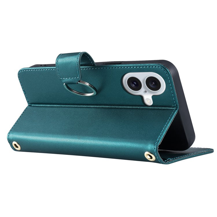 For iPhone 16 Crossbody Leather Case Ring Buckle Wallet Stand Rhombus Mobile Cover - Green