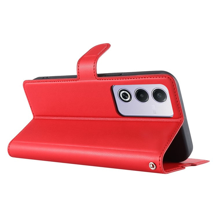 Leather Case for Oppo A80 5G / A3 Pro (India) 5G / A3 Pro (Global) 5G / K12x 5G (India) Phone Cover with Card Slot, Strap - Red