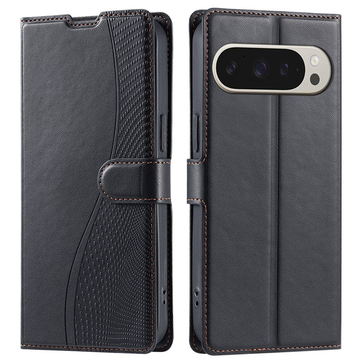 For Google Pixel 9 Pro XL Case Dots Imprinted PU Leather Flip Phone Cover with Card Slot, Strap - Black