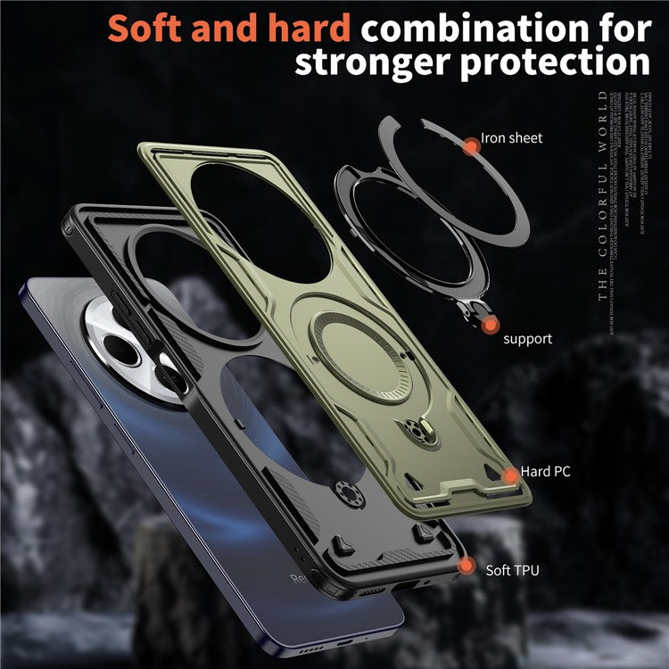 Kickstand Case for Xiaomi Poco C75 4G / Redmi 14R 5G / 14C 4G Compatible with MagSafe Military Protection PC+TPU Cover - Olive Green