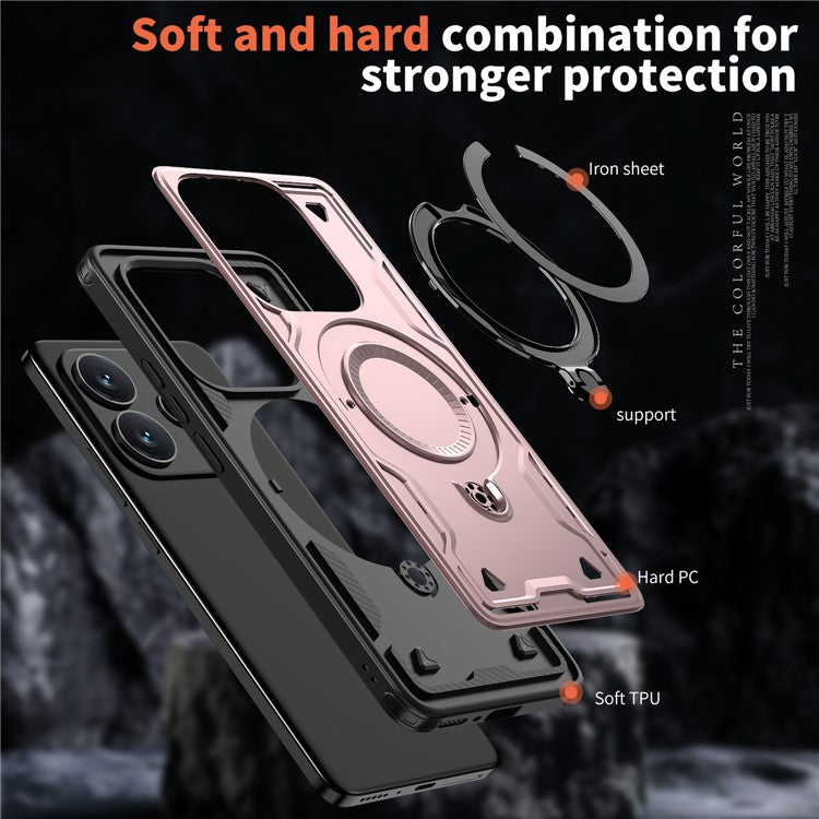 For Xiaomi Redmi Note 14 5G Case Compatible with MagSafe Military Protection PC+TPU Kickstand Phone Cover - Rose Gold