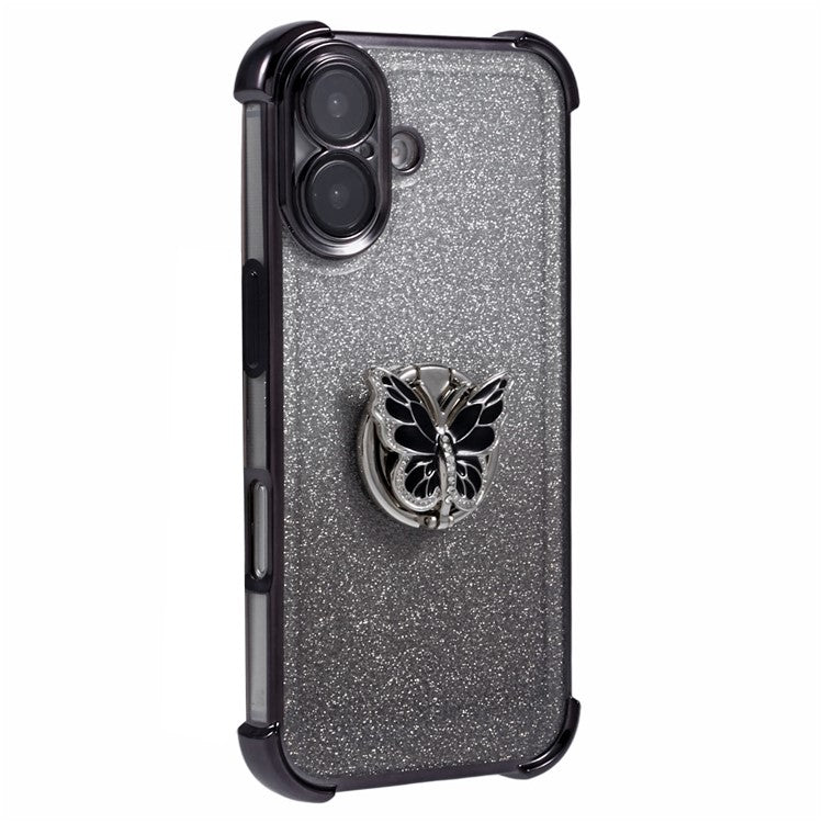 For iPhone 16 Case Butterfly Kickstand Glitter TPU Shockproof Phone Cover - Black