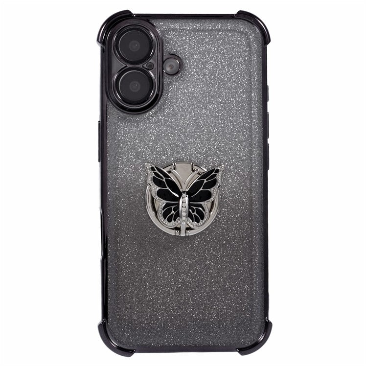 For iPhone 16 Case Butterfly Kickstand Glitter TPU Shockproof Phone Cover - Black
