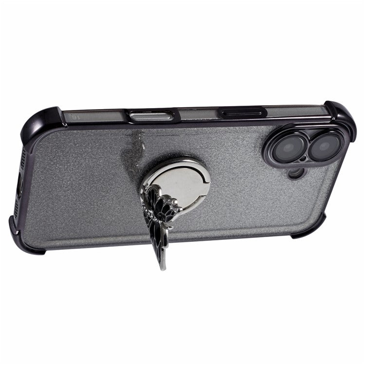 For iPhone 16 Case Butterfly Kickstand Glitter TPU Shockproof Phone Cover - Black