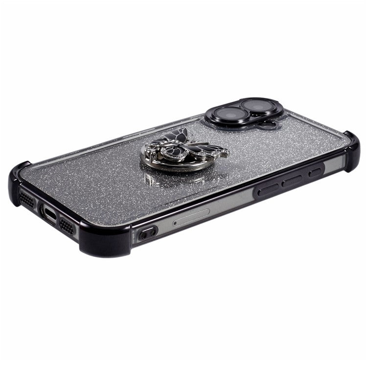 For iPhone 16 Case Butterfly Kickstand Glitter TPU Shockproof Phone Cover - Black