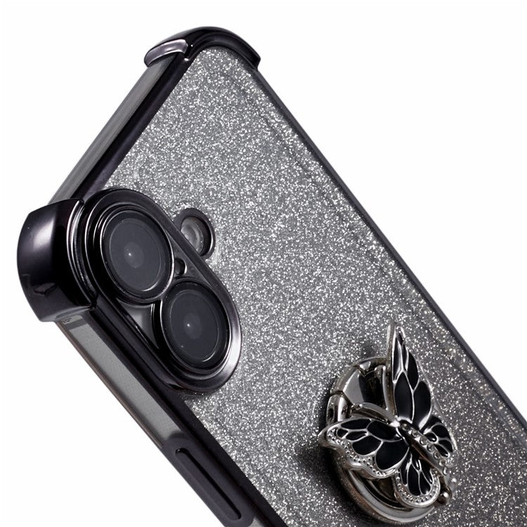 For iPhone 16 Case Butterfly Kickstand Glitter TPU Shockproof Phone Cover - Black