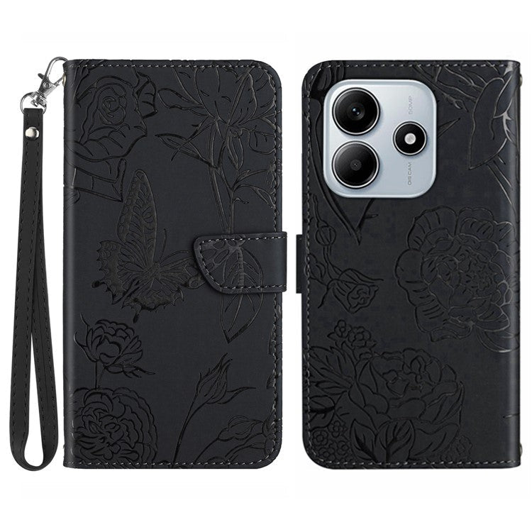 For Xiaomi Redmi Note 14 5G Case Leather Phone Cover with Strap, Butterfly Flower Imprint - Black
