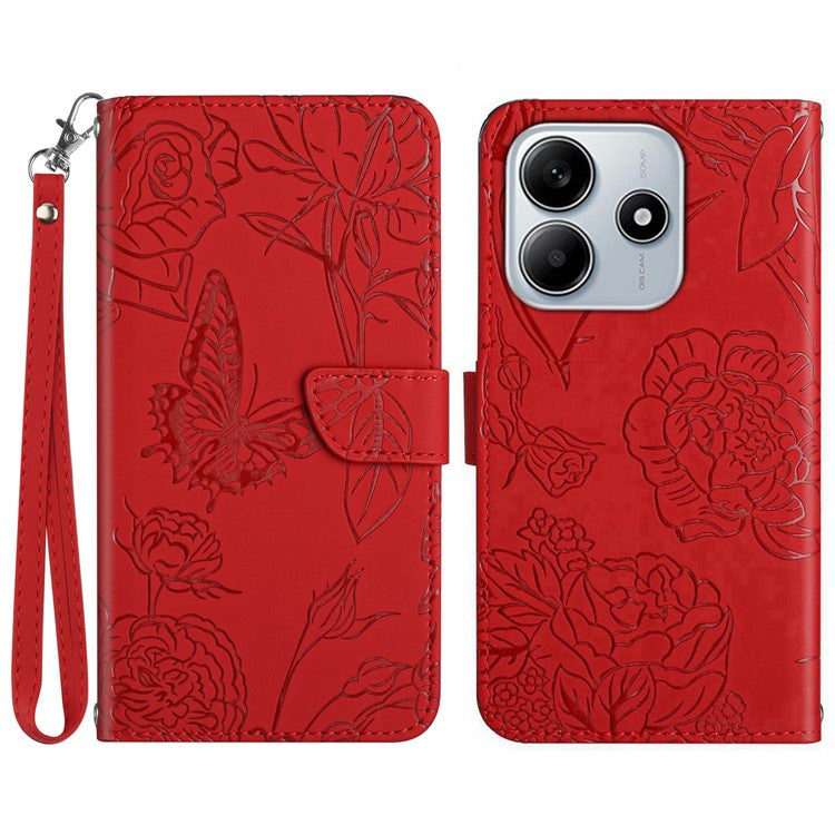 For Xiaomi Redmi Note 14 5G Case Leather Phone Cover with Strap, Butterfly Flower Imprint - Red