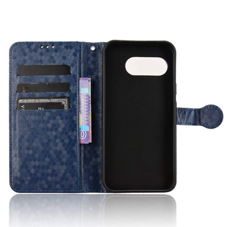 For Google Pixel 9a Wallet Case Dot Pattern Imprint PU Leather Phone Cover - Dark Blue