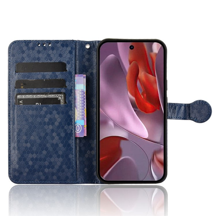 For Google Pixel 9a Wallet Case Dot Pattern Imprint PU Leather Phone Cover - Dark Blue