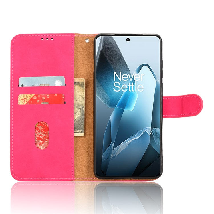 For OnePlus 13 Leather Case Skin-Feel Anti-Drop Wallet Flip Phone Cover - Rose