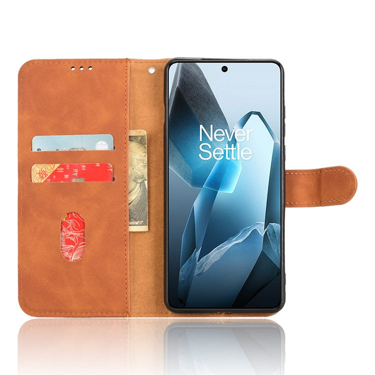 For OnePlus 13 Leather Case Skin-Feel Anti-Drop Wallet Flip Phone Cover - Brown