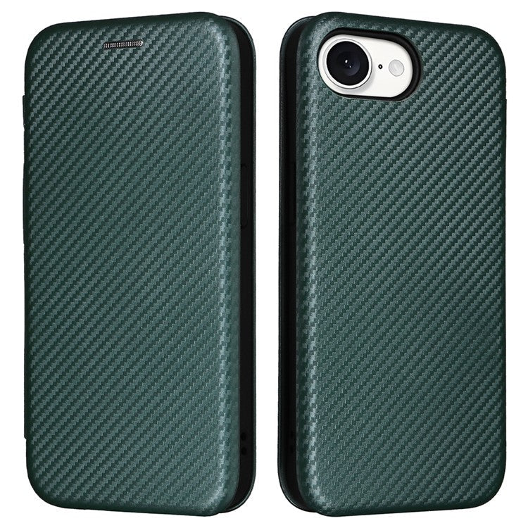 For iPhone 16e Case Carbon Fiber Texture Drop-Proof PU Leather Phone Cover - Green