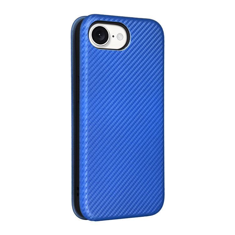 For iPhone 16e Case Carbon Fiber Texture Drop-Proof PU Leather Phone Cover - Blue